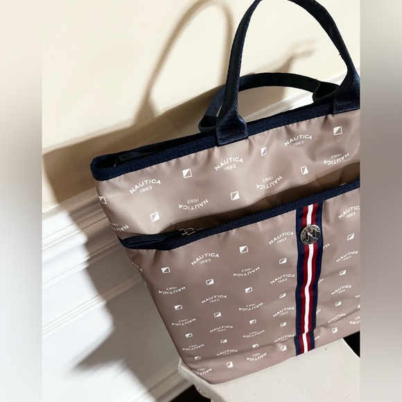 Nautica, Sleek & feminine Laptop Tote/Backpack. Tan, Navy and Red Stripes. main image 4